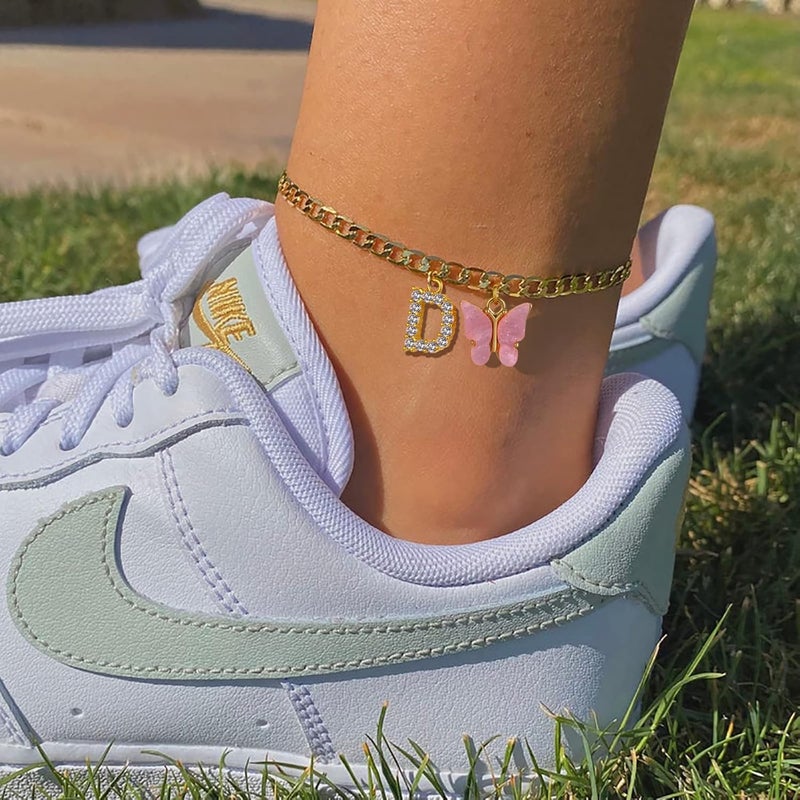 VIROMY 14K Gold Plated Dainty Butterfly Initial Ankle Bracelets Handmade Cuban Chain White Butterfly A-Z Alphabet Letter Initial Anklets Personalized Summer Beach Jewelry Gifts for Women - Image 2
